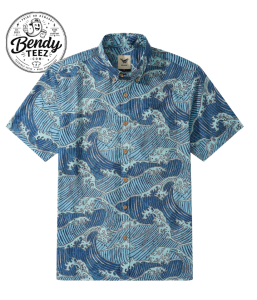 Men's Pure Natural Cotton Short Sleeve Aloha Shirt – Blue Ukiyo-e Ocean Wave