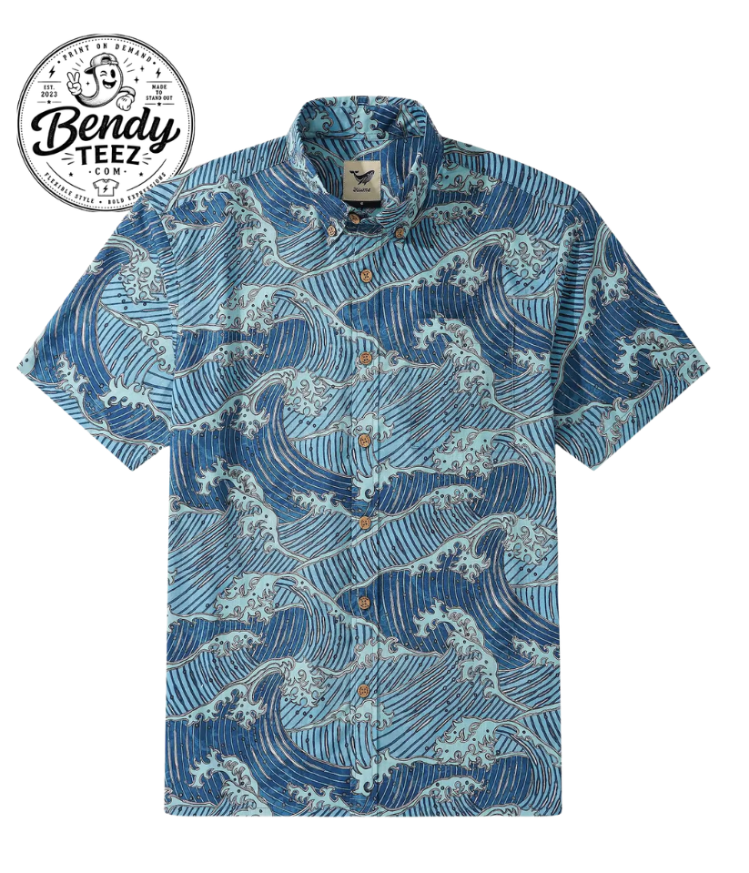 Men's Pure Natural Cotton Short Sleeve Aloha Shirt – Blue Ukiyo-e Ocean Wave