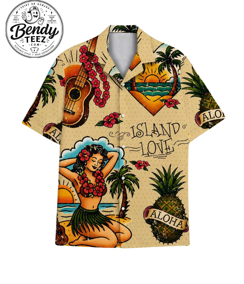 Eco-Friendly Unisex Aloha Shirt – Vintage Tropical Guitar & Hula Girl Print