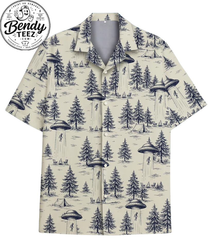 Retro UFO Alien Shirt – Forest Sci-Fi Button Up